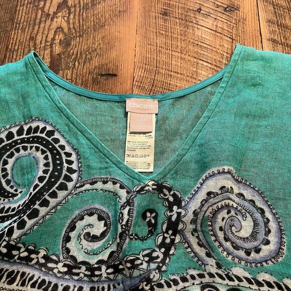 Chicos Topper 100% Linen Top Teal Paisley Coverup Blouse V-Neck Small / Medium - Picture 7 of 9